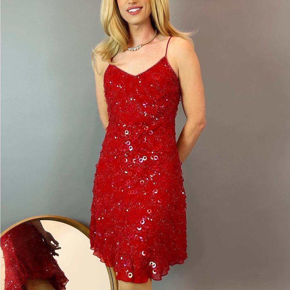 Vintage 90s Early 00s Ruby Red Sequin Paillette Spangle Cha Cha Dress